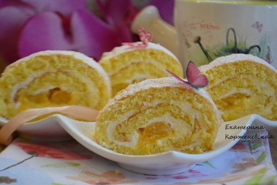 Рецепт бисквитного рулета с манго и сметанным кремом