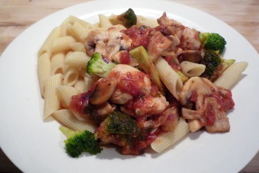 Рецепт грибного рагу с куриной грудкой и макаронами