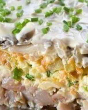 Селедка под шубой с шампиньонами по новому