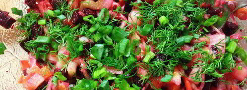 винегрет из запеченных овощей с копченой курицей. Шаг 7