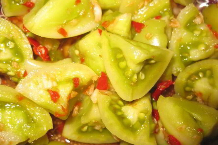 Рецепт маринованных зеленых помидоров в кисло-сладком, остром маринаде закусон