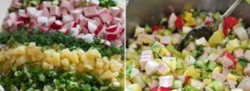 окрошка классическая с колбасой на кефире. Шаг 3