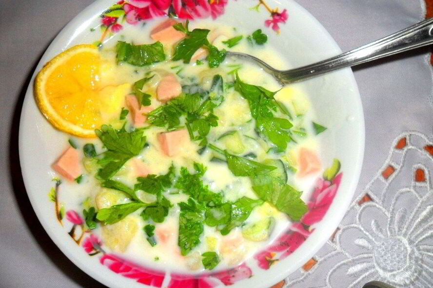 Рецепт окрошки на кефире с лимоном