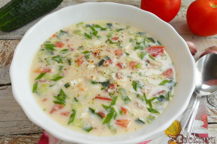 Рецепт окрошки с курицей и помидорами