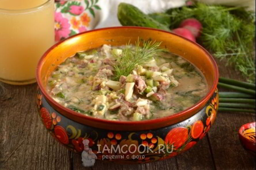 Рецепт окрошки с жареным мясом