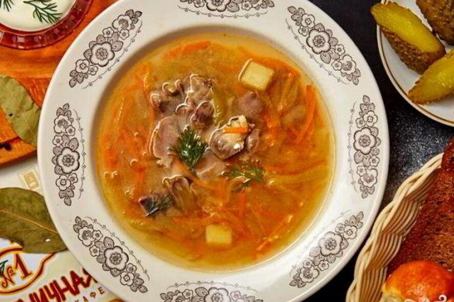 Рецепт рассольника с куриными сердечками