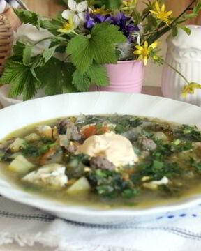 Зеленые весенние щи с фрикадельками