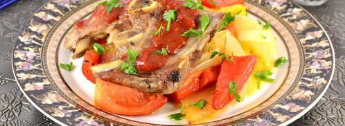 обжаренные свиные ребрышки с аджикой и овощами al dente. Шаг 7